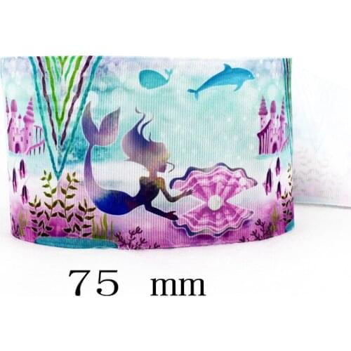 IuBuFiGo 10 yard 3" Mermaid Princess Printed Grosgrain ribbon 75 mm Cartoon gift ribbon bows dlework DIY headband tape 1871