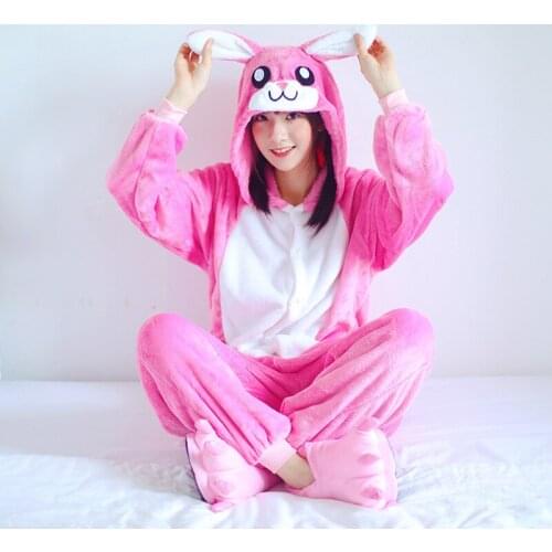 Kigurumi rabbit long sleeve hooded onesies for adults Flannel warm women pajama Whole one piece animal pajamas kegurumi onsie
