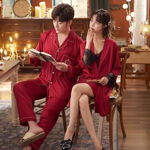 2021 Spring Couple 2PCS Robe Gown Sets Men Full Sleeve& Pant Women Sexy Kimono Nightgown Sleep Suit Lace Flower Trim Home Wear