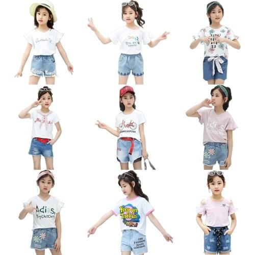 Girls Clothes Set T-shirt and Shorts Summer Clothes New Childrens Fashion Denim Jeans Shorts Two-piece Teenage Jeans Set
