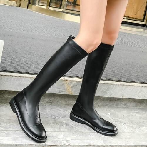 EshtonShero Fashion Genuine Leather Round Toe Square Low Heel Black Knee High Boots Lace Up Woman Shoes Boot Size 3-8