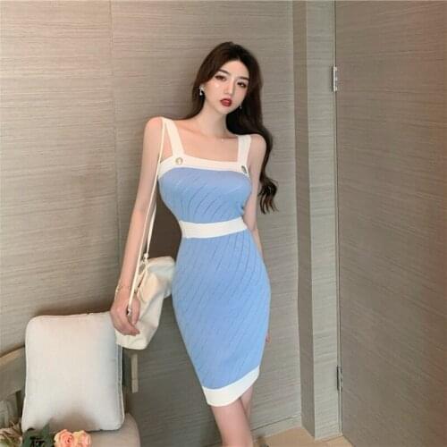 Bodycon Dress Puff Sleeve Strapless Spaghetti Strap Knitted Sexy Style Club Blue Dresses for Women Off Shoulder New Female