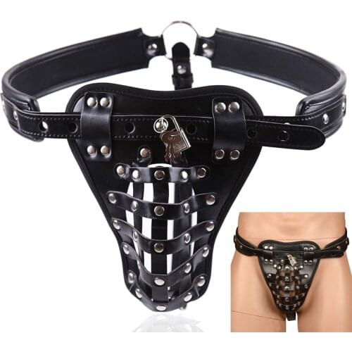 Sexy Male Chastity Belt Equipment PU Leather Pants Cock Ring Penis Cage Mens Sexy Underwear Adult Sex Toys For Fetish Men