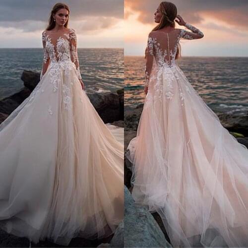 Sexy Tulle Beach Wedding Dresses Illusion Neckline Appliques Long Sleeve Court Train Vestido De Noiva Back
