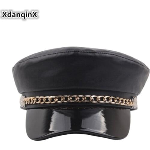 XdanqinX Winter Womens Flat Cap Elegant PU Leather Army Military Hats New Solid Warm Tongue Hat For Women Snapback Lady Caps