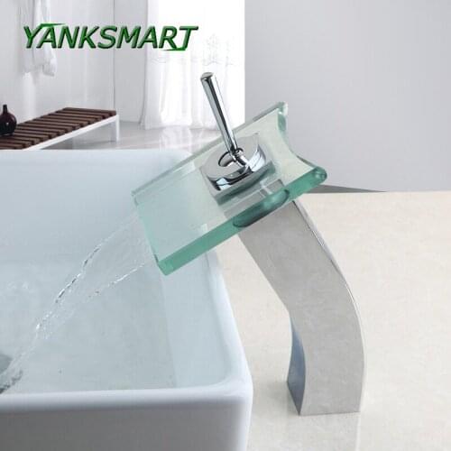 YANKSMART RU Waterfall Faucets Bathroom Basin Faucet Glass Deck Mount Single Handle Tap Brass Water Mixer Taps Wide Spout Water
