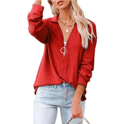 Autumn Women Clothing Casual Long Sleeve Zipper V-Neck Ribbed T-Shirts Loose Solid Color Elegant Pullover Knitted Tops Puls Size
