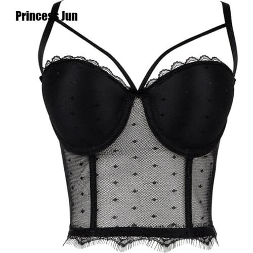 Women Sexy Lace Mesh Camisole Outer Wear Transparent Sheer Black Lace Bustiers Sharper Tube Top Short See-through Corsets Top