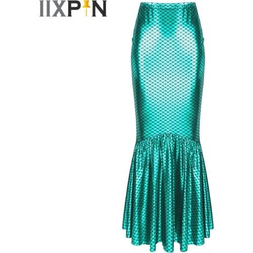 Womens Mermaid Skirt Shiny Metallic Fish Scale Printed High Waist Skirt Flared Hemline Skinny Long Maxi Skirt Mermaid Cosplay