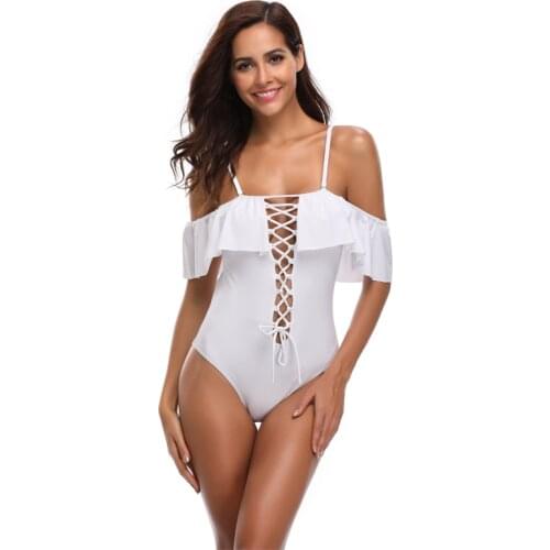 2020 New Sexy White Sling Ruffled Off-shoulder One Piece Swimsuit Women