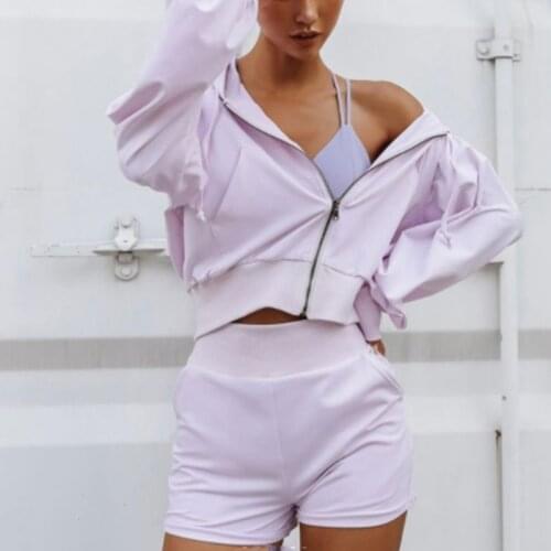 Womens Tracksuit 2 Piece Set Sport Pocket Shorts Crop Tops Hooded Zipper Suit Ladies 2021 Summer Fashion Streetwear Female Set