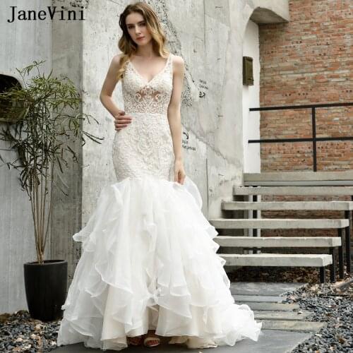JaneVini Sexy Mermaid Long Wedding Dresses Ruffles Deep V Neck Luxury Beading Appliques Tulle Bridal Gowns Robe De Mariee 2019