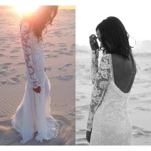 Long Sleeve Backless Beach Romantic Lace Chiffon Sheath Simple White Summer Garden Bridal Party Gown 2018 bridesmaid dresses