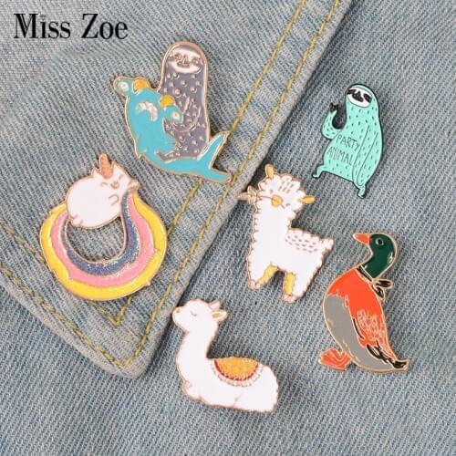 Cute funny animals enamel pin Llama duck sloth sheep badge brooch Lapel pin Denim Jeans shirt bag Cartoon Jewelry Gift for kids