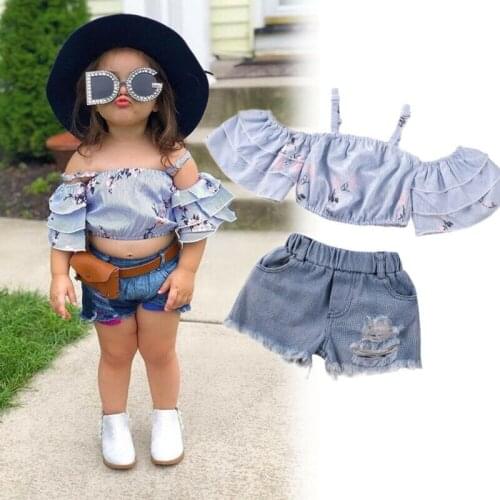 2020 New Summer Toddler Baby Kids Girls Off Shoulder Sling Striped T-shirt Tops+ Denim Skirt Shorts Ripped Outfits Set
