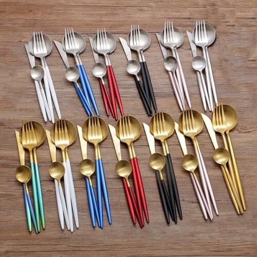 24Pcs 304 Stainless Steel Cutlery Set Knife Fork Spoon Flatware Tableware Silverware Black Gold European Luxury Dinnerware Set