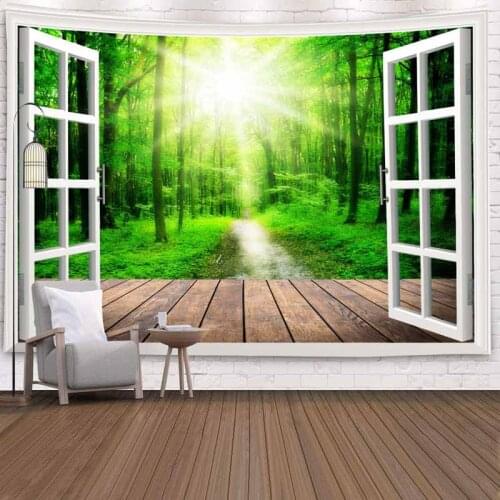 3D Window Green Tree Forest Tapestry Wall Hanging Sunlight Wall Cloth Tapestries Hippie Decor Wall Blanket Psychedelic Tapestry