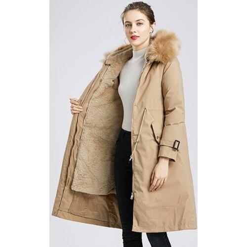 Ailegogo New Winter Women Warm Wool Liner Long Coat Thick Hooded Parkas Large Fur Collar Embroidery Jacket Snow Padded Outwear