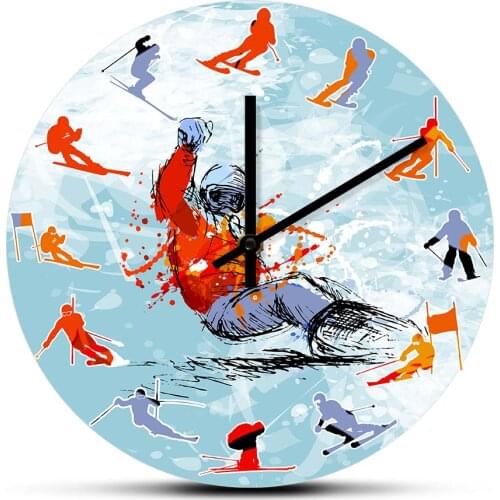 Snowboard Watercolor Print Snowboarder Silent Non Ticking Wall Clock Winter Sport Boys Room Decor Modern Wall Watch Timepieces