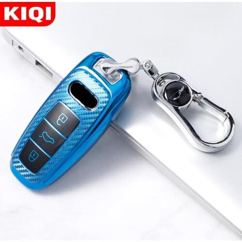 KIQI TPU Carbon Fiber Car Key Case for Audi Q8 C8 A6 A7 A8 2018-2021 Car-Styling Interior Keychain Key Chain Remote Key Holder