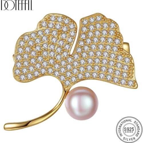 DOTEFFIL 925 Silver Gilt Pearl Brooch Inlaid Zircon for Women Ginkgo Leaves Shaped Brooch Women Accessories Brooch Jewelry Gift