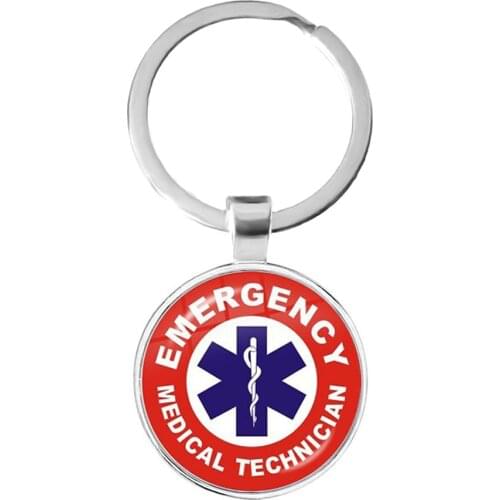 EMT Medical Symbol Pendant Keychains Emergency Medical Technician Quote LOGO 25mm Glass Cabochon Key Rings Holder For Gift