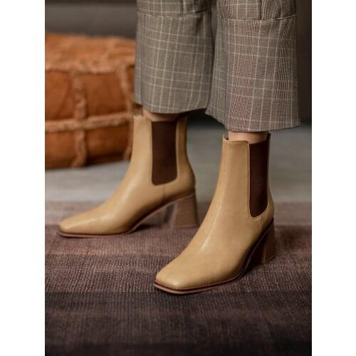 EshtonShero Shoes Woman Ankle Boots Cow Suede Square High Heels Slip On Square Toe Casual Winter Ladies Chelsea Boots Size 3-9