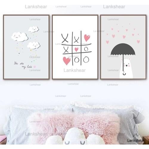 Kids Room Canvas Cartoon Poster Bear Heart Cloud Wall Art Painting Print Nursery Kawaii Animal Wall Picture Baby Room Decoration