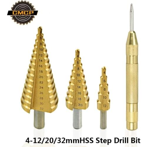 Metric Spiral Flute Pagoda Shape Hole Cutter 4-12/20/32mm HSS Steel Cone Drill Bit Set Step Drill with Center Punch Wood Cutter
