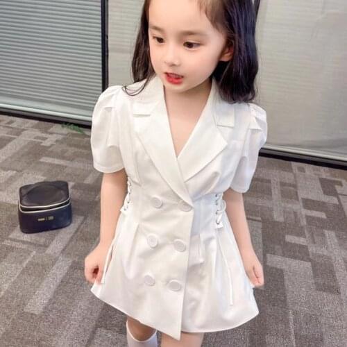Girls Fashion A-Line Dress 2021 Turn-Down Collar Clothing Short Sleeve Mini Dress Button Decoration Lace-Up White Dresses