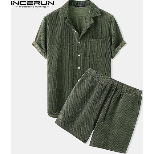 INCERUN Men Corduroy Sets Streetwear Short Sleeve Lapel Button Shirts Leisure Shorts 2021 Solid Color Mens Casual Suits S-5XL