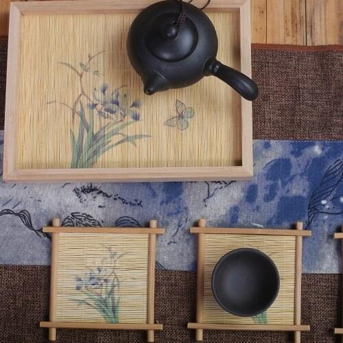 Bamboo printed tea tray tea ware storage tray storage pot holder coaster simple and portable cup mat coasters make tea tray