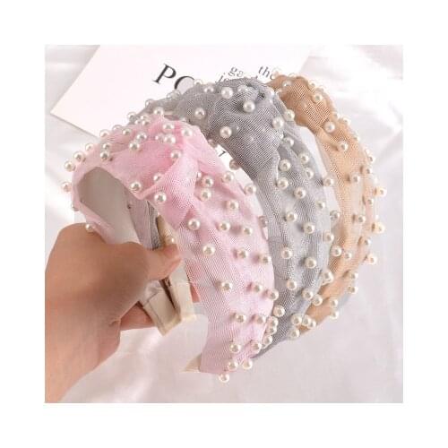 Summer Bohemian Candy Color Soft Net Knot Wide Hairband with Pearl Knotted Hair Loop Women Hairband Fashion Headwear
