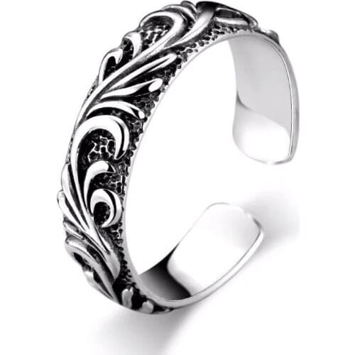 New Embossed Pattern Opening Adjustable Ring Retro Personality Grass Pattern Totem Couple Ring Modern Women Men Jewelry