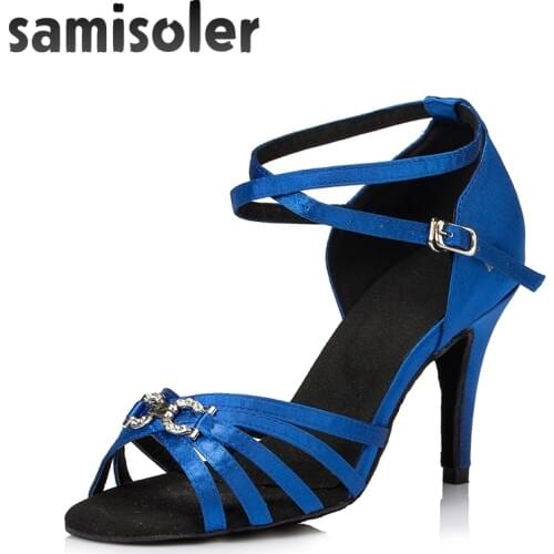 Samisoler Bule/Purple/Black New Cloth Collocation Shine Ribbons Ballroom Fashion Rhinestone Dance Women Latin Competition Shoes