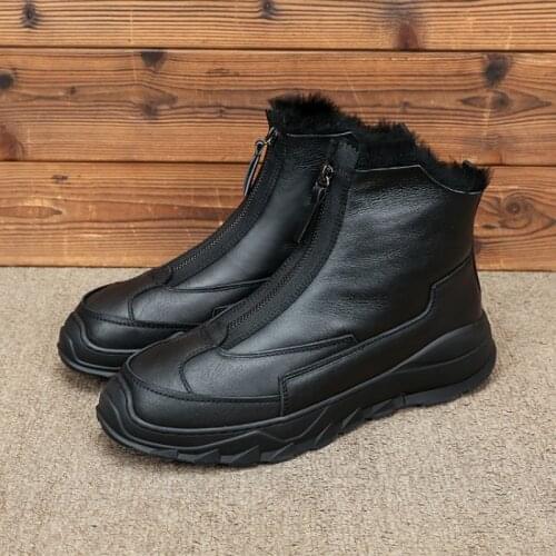 Winter New Warm Sheep Shearing Thick Bottom Mens Snow Boots Genuine Leather Front Zip Solid Round Toe Flat Male High Top Boots