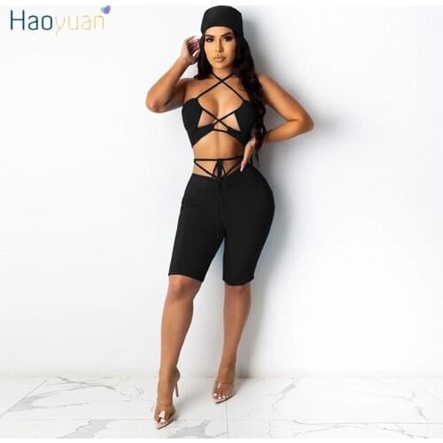HAOYUAN Sexy 3 Piece Set Beachwear Vacation Outfits Bandage Crop Top Biker Shorts with Turban Summer Swimsuit Club Matching Sets