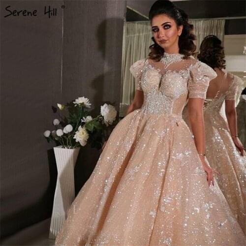 Serene Hill Champagne High Neck Luxury Dubai Wedding Dress 2020 Short Sleeves Sequins Lace Up Bridal Gown Custom Made CHX11612