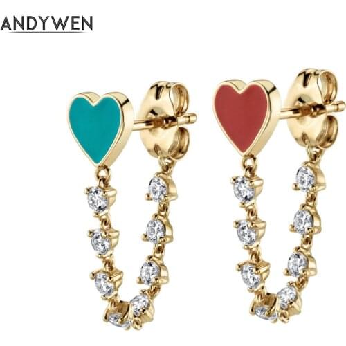 ANDYWEN 925 Sterling Silver Enamel Heart Stud Earring Chain Women Jewelry Red Enamel Gold Earring 2020 Statement Crystal CZ