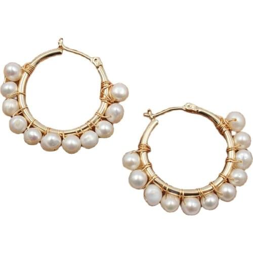 GG Jewelry Handmade 25MM Natural White Pearl Yellow Gold Plated Circle Dangle Stud Earrings Handmade For Women