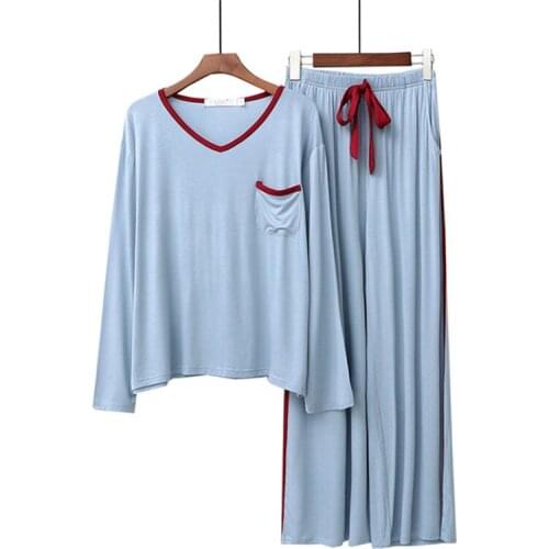 Blue pajamas suit Modal spring and autumn women summer long-sleeved trousers Korean loose casual home service пижама 2020 new