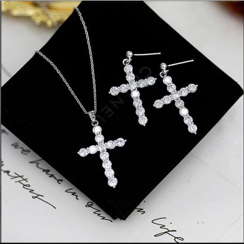 Occident S925 Silver Needle Earrings Cross Necklace Simple Zircon Micro Inlay Temperament Versatile Accessories
