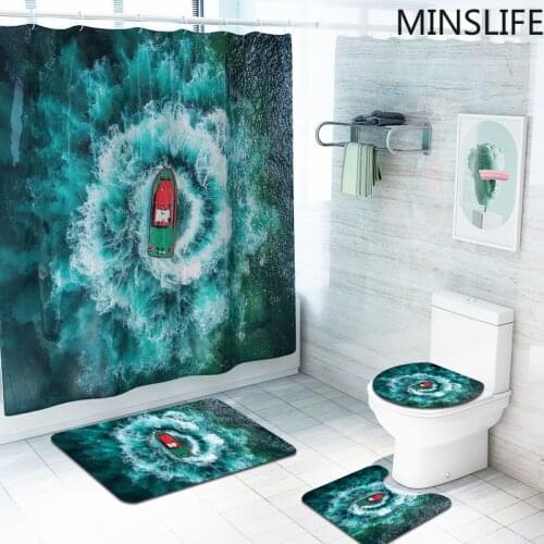 Brave The Wind and Waves Boat Printed Waterproof Polyester Shower Curtains Set Non-Slip Carpets Bath Curtains Mat Home Decor