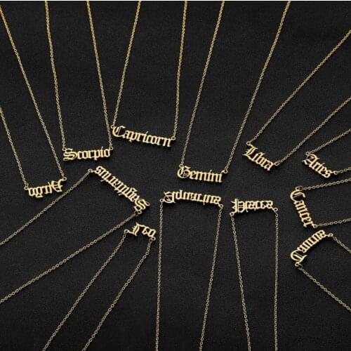 Jisensp Birthday Jewelry 12 Zodiac Letter Constellations Pendants Necklace Aquarius Capricorn Virgo Leo Charm Necklace for Women