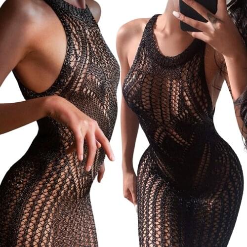 Women Summer Sleeveless Cover-Up Solid Round Neck Knitted Hollow Out Elastic Long Cover Ups Swimwear