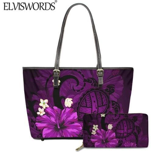 ELVISWORDS Purple Hibiscus Print Women Large Capacity PU Handbag Hawaii Honu Turtle Tribal Durable Shoulder Handle Tote Mujer