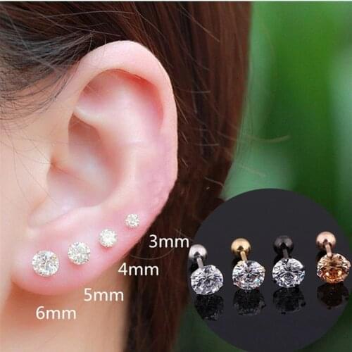 One 3-6mm Stud Anti Allergy Stainless Steel Punk Mens And Womens Zircon Crystal Earrings, Tragus Spiral Perforation Jewelry