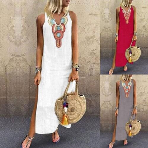 Women Summer Dress Boho Printed Sleeveless Maxi Dresses Loose Ladies Split Hem Baggy Kaftan Linen Long Dress Vestidos De Mujer