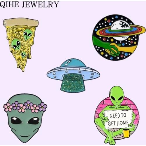 Alien Collection Enamel Pin UFO Planet Flower Pizza Alien Brooches Outer Space Universe Cosmic Life Badges Jewelry Pin Wholesale