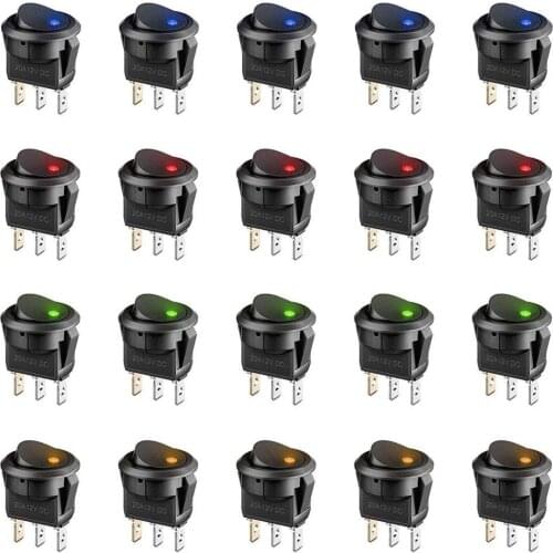 20Pcs 3 Pin 12V 20A Amps Car Truck Rocker Round Toggle LED Switch On-Off Control Blue Green Yellow Red